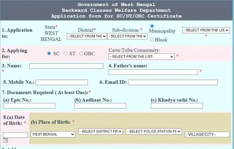 Apply SC/ST/OBC certificates form online in West Bengal