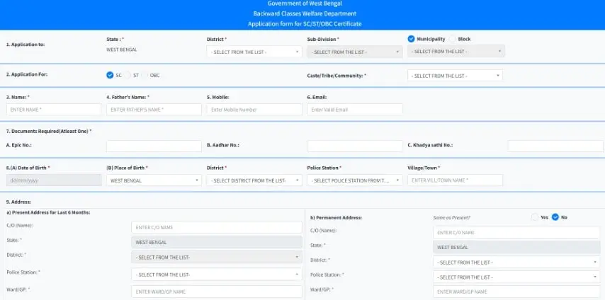 Apply Caste Certificate West Bengal Online