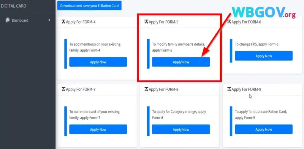 Select Form No.5 for WB Ration Card Correction